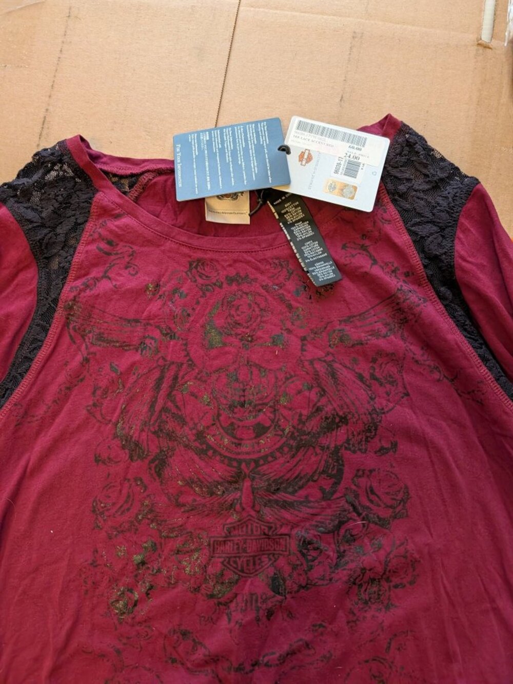 Harley-Davidson NWT Womens XL Lace Accent Long Sleeve Shirt Burgundy Zinfandel